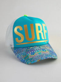 Turquoise floral print surf trucker hat from Daisy Lane, ideal for women’s boho chic clothing