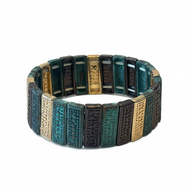 Earthy textured bohemian bracelet in turquoise and gold beads