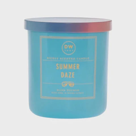 Turquoise scented candle jar labeled Summer Daze for a boho free spirit vibe