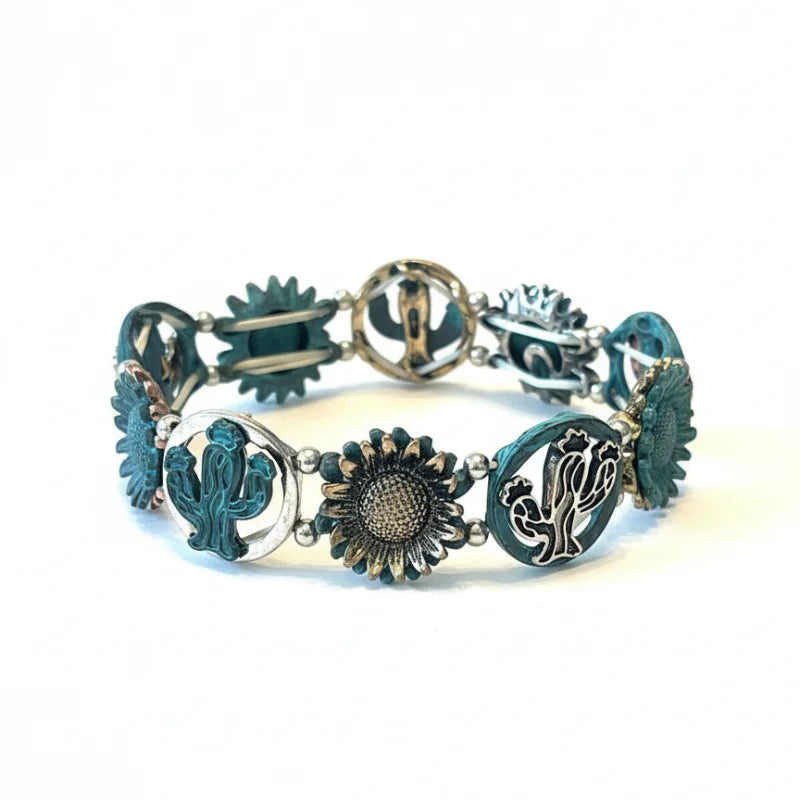 Turquoise silver cactus sunflower bracelet, boho chic for women