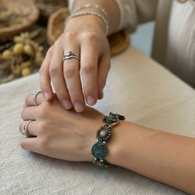 Turquoise silver dragon bracelet in Western boho cactus sunflower design