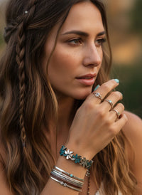 Bohemian Verdigris Bloom bracelet with turquoise silver layers and floral accents