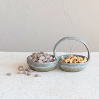 Two bowls filled with assorted nuts in a stylish Stoneware Double Bowl Handle