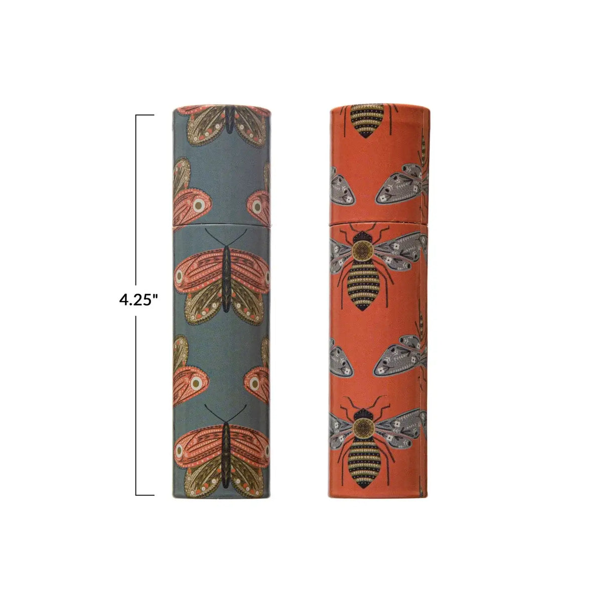 Two decorative cylindrical tubes in orange and gray with butterfly and bee patterns for safety matches