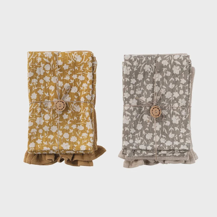 Two decorative fabric pouches with floral patterns for Cotton Slub Printed Waffle Tea Towels