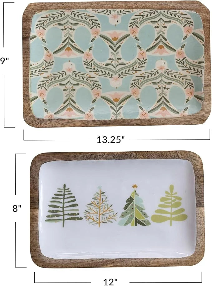 Two decorative wooden trays with holiday patterns for women’s boho chic clothing