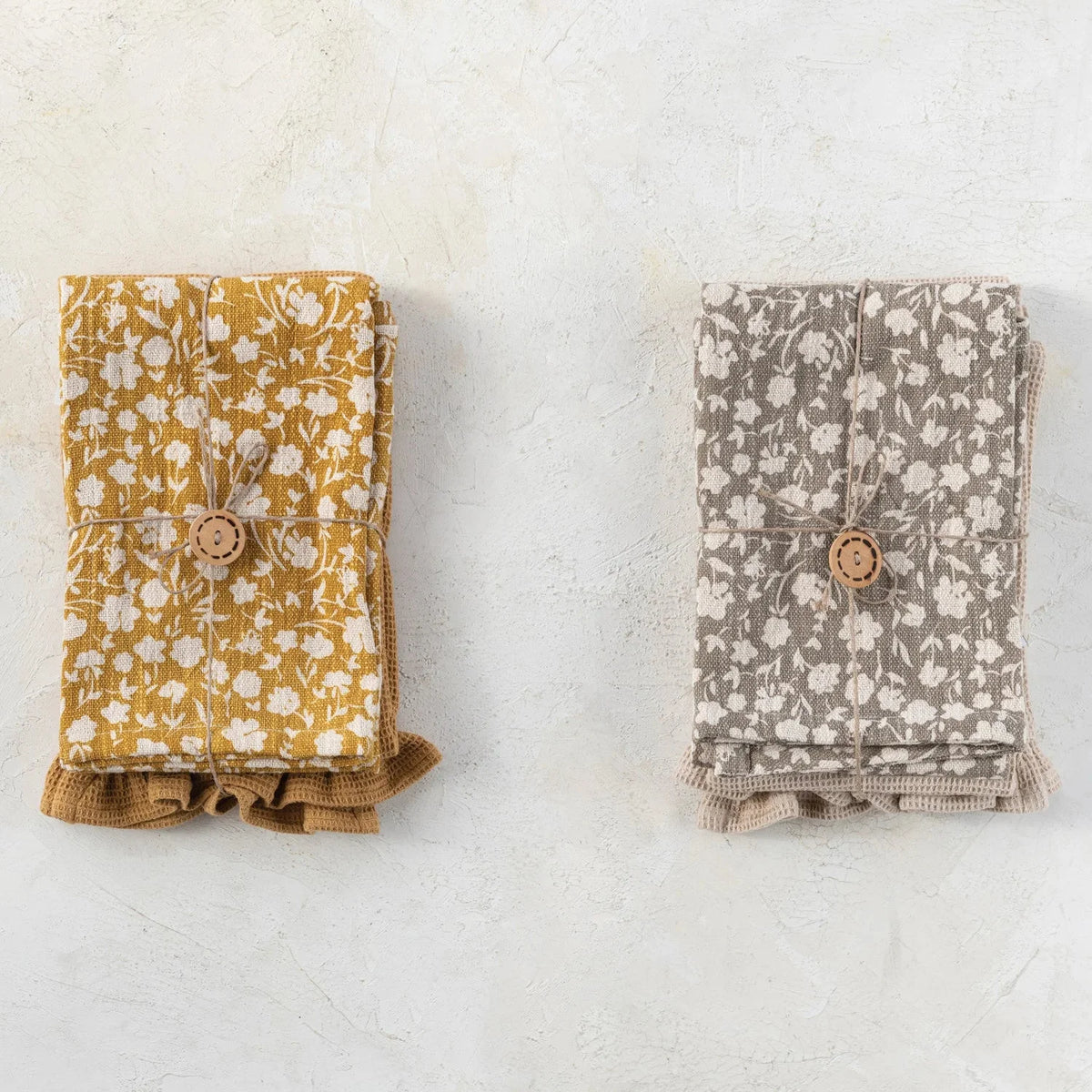 Floral fabric pouches complement Cotton Slub Printed and Cotton Waffle Tea Towels