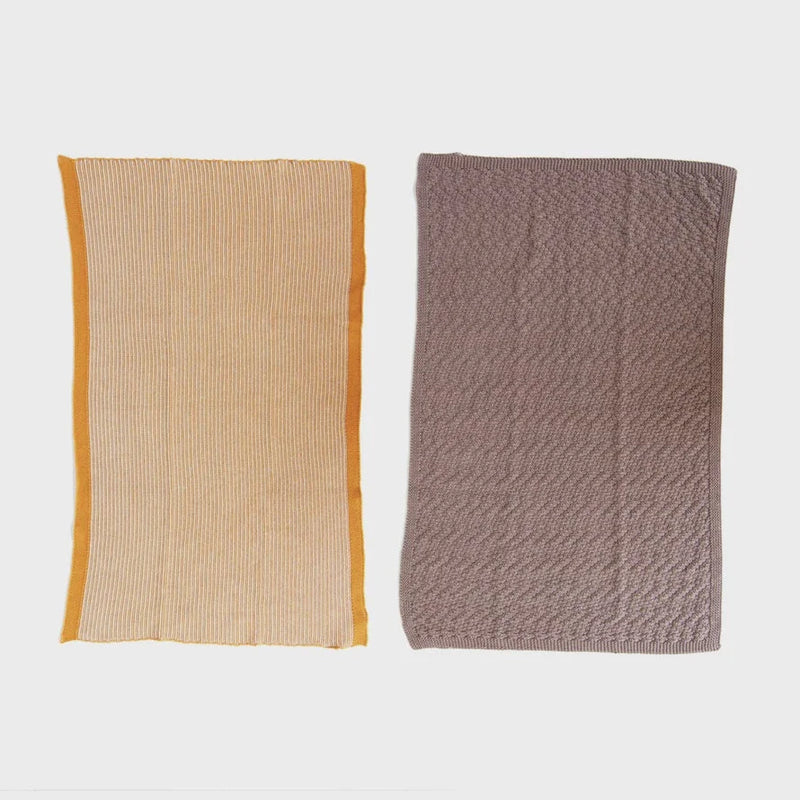 Two cotton knit tea towels in beige and brown colors with a convenient loop