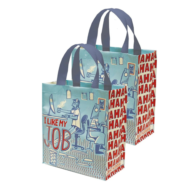 Two large shopping bags with a cartoon design made from post consumer material