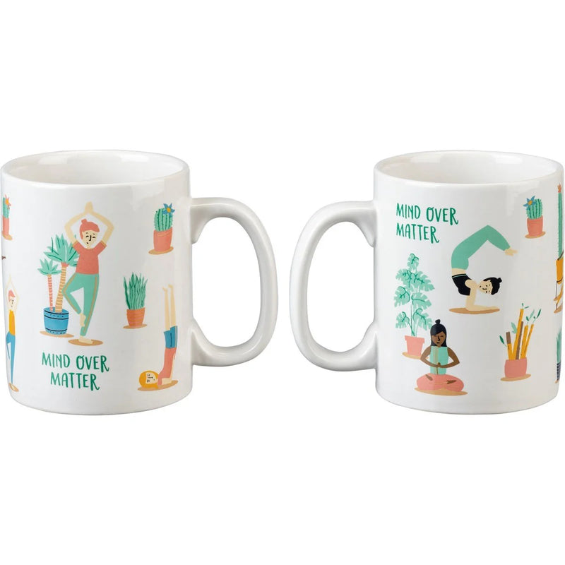 Two illustrated MIND OVER MATTER mugs showcasing unique mug features for women