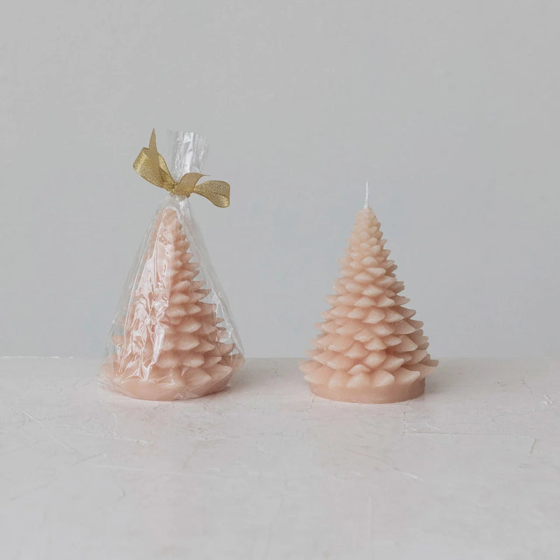 Two pale pink tree-shaped candles resembling pine cones with an approximate burn time