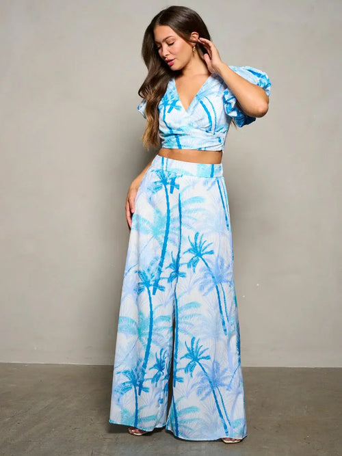 WIDE LEG PANTS PRINTED, women’s boho chic clothing with blue palm tree crop top and pants