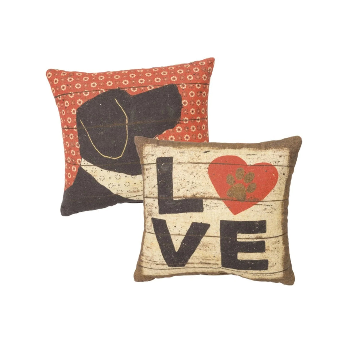 Two colorful pillows featuring a dog and a heart, ideal for expressing dog love