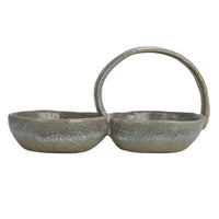 Two small grey stone bowls in a Stoneware Double Bowl Handle product display