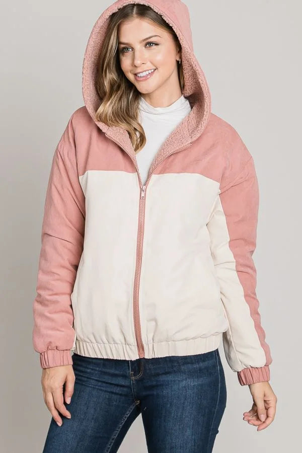 Two-tone soft brushed matte woven hoodie jacket in pink and white colors