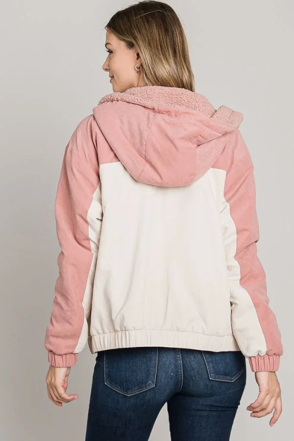 Two-tone soft brushed matte woven hoodie jacket with pink sleeves and white body