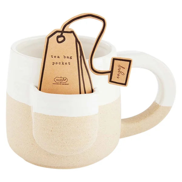 Two-toned ceramic LOVE THIS PLACE STONEWARE TEA MUG with a tea bag tag for women’s boho chic clothing