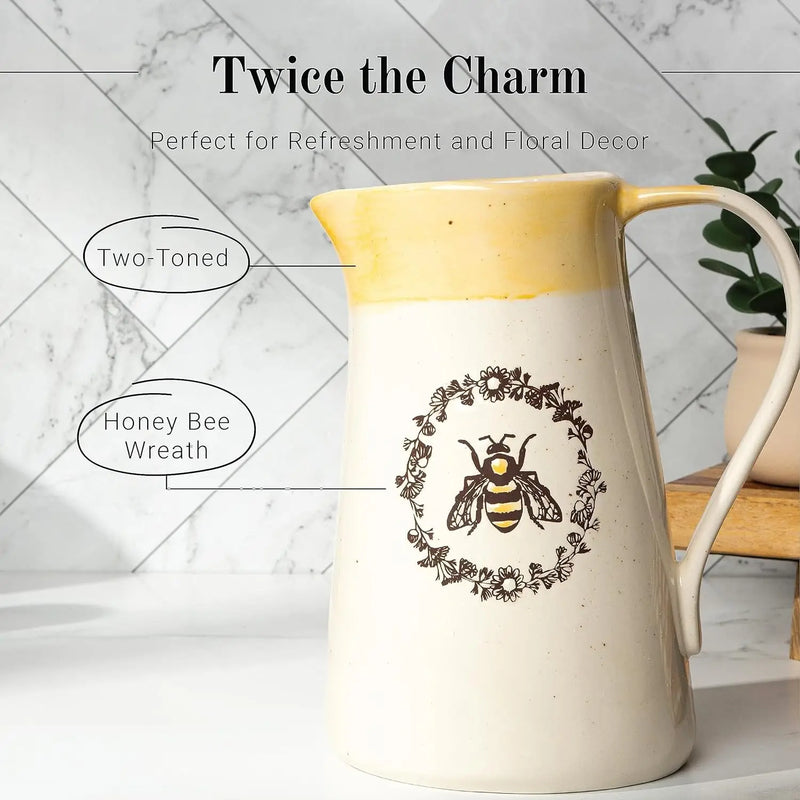 Two-toned ceramic pitcher with honey bee wreath design for women’s boho chic decor