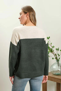 Two-toned Contrast Knit Pullover featuring a cream upper and dark green lower portion