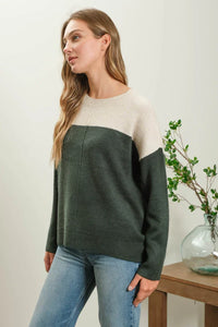 Two-toned Contrast Knit Pullover Sweater featuring cream and dark green sections