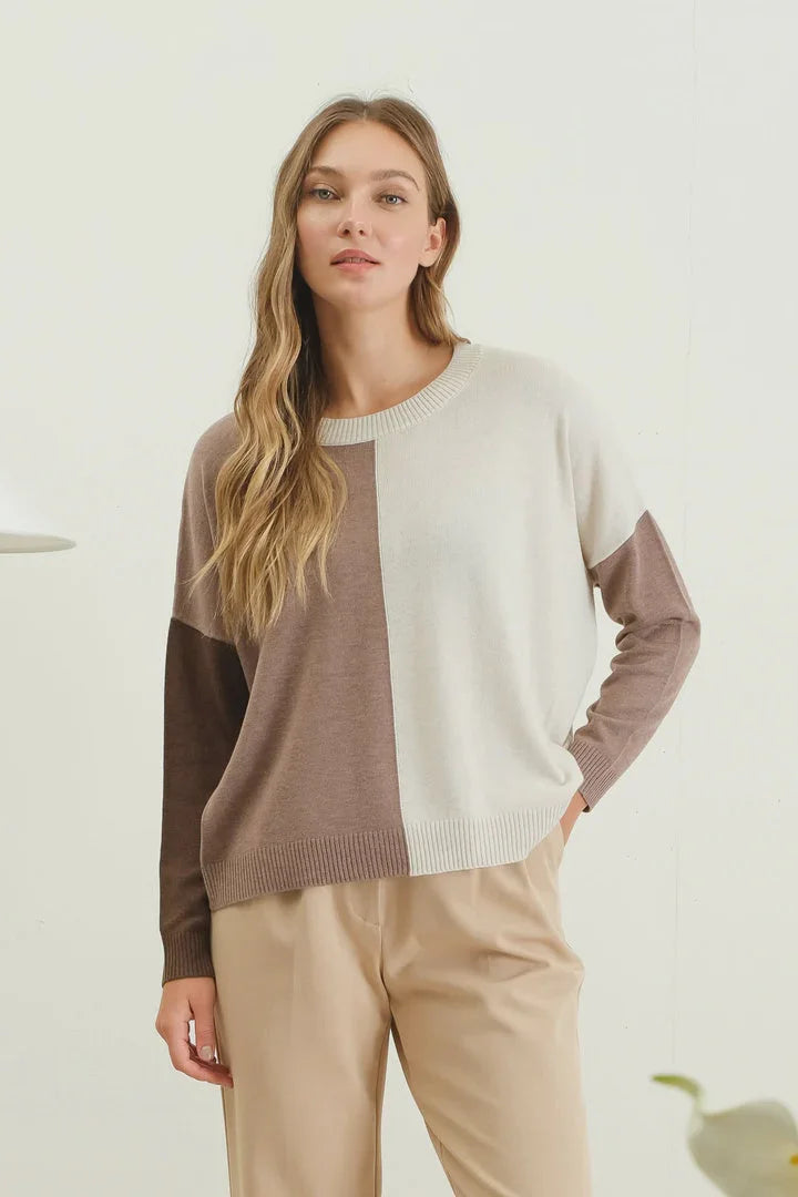 Two-toned Relaxed Colorblock Sweater featuring contrasting cream and brown panels