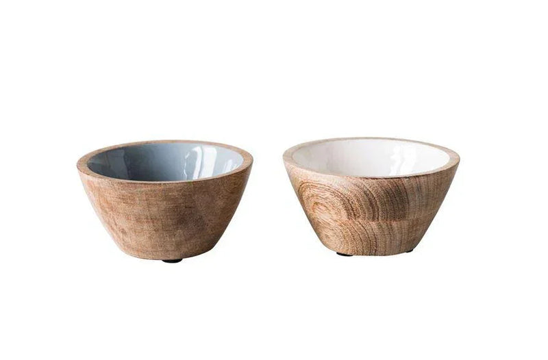 Two wooden bowls with painted interiors from the Mango Wood Jewelry Bowl by Shop Daisy