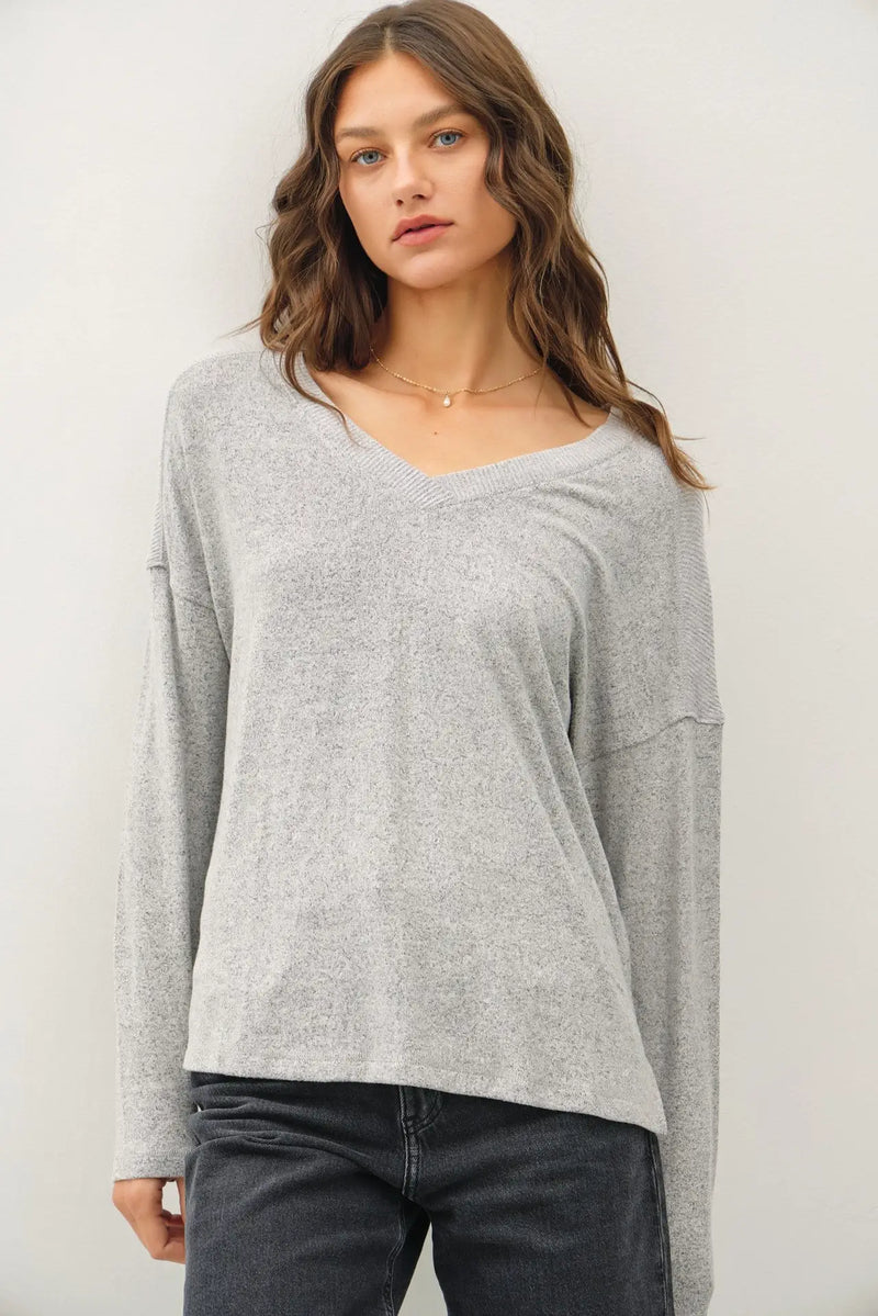 Gray long-sleeve V-neck top from ULTRA SOFT LONG SLEEVE V NECK BASIC, perfect for women’s boho chic clothing