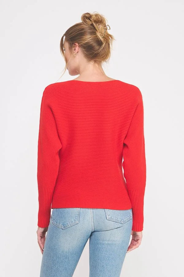 Vibrant red ribbed fine gauge pullover dolman sweater with long sleeves