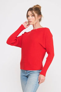 Vibrant red ribbed fine gauge pullover dolman sweater