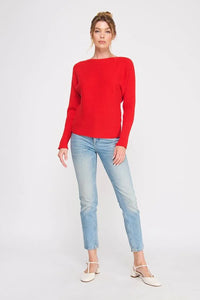 Vibrant red ribbed fine gauge pullover dolman sweater with boat neck