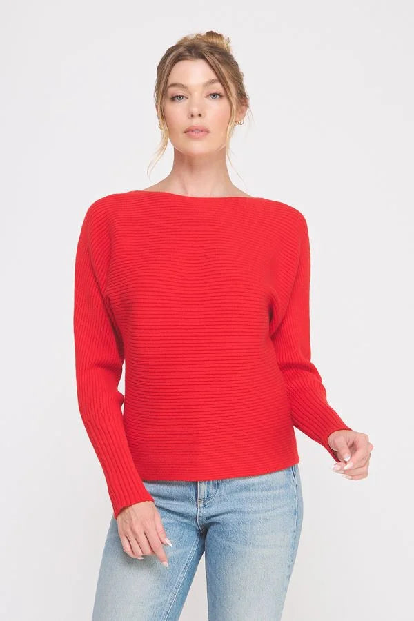 Vibrant red ribbed fine gauge pullover dolman sweater with boat neck