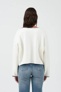 Back view of Contrast Stitch Long Sleeve Pocket Sweater with blue jeans, womens boho clothes