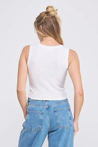 Back view of Sleeveless Soft Scallop Edges Crop Top with blue jeans in women’s boho chic clothing