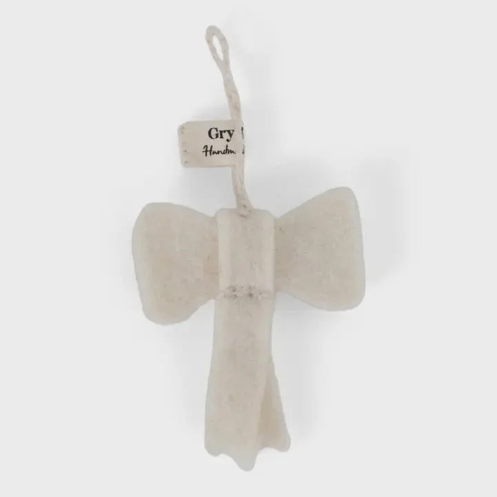 Handmade mini white angel bow ornament with wings and cross body made of felt material