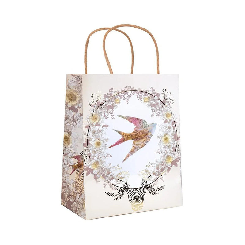 White BIRD IN FLIGHT GIFT BAG featuring a bird and flowers, perfect for gift bags