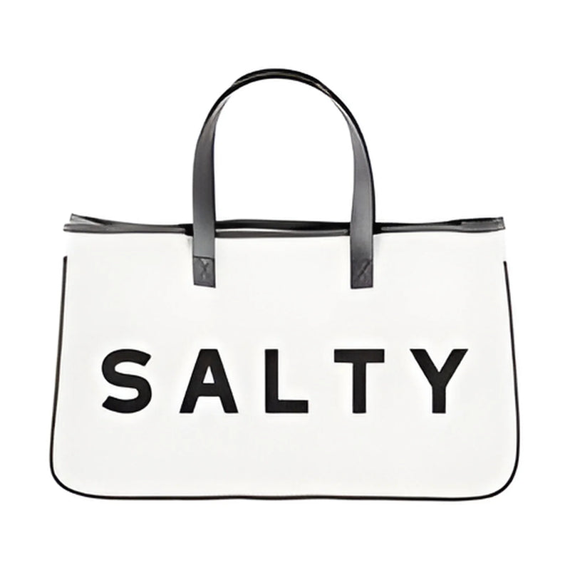 White Salty Canvas Tote featuring bold black lettering, ideal for stylish storage