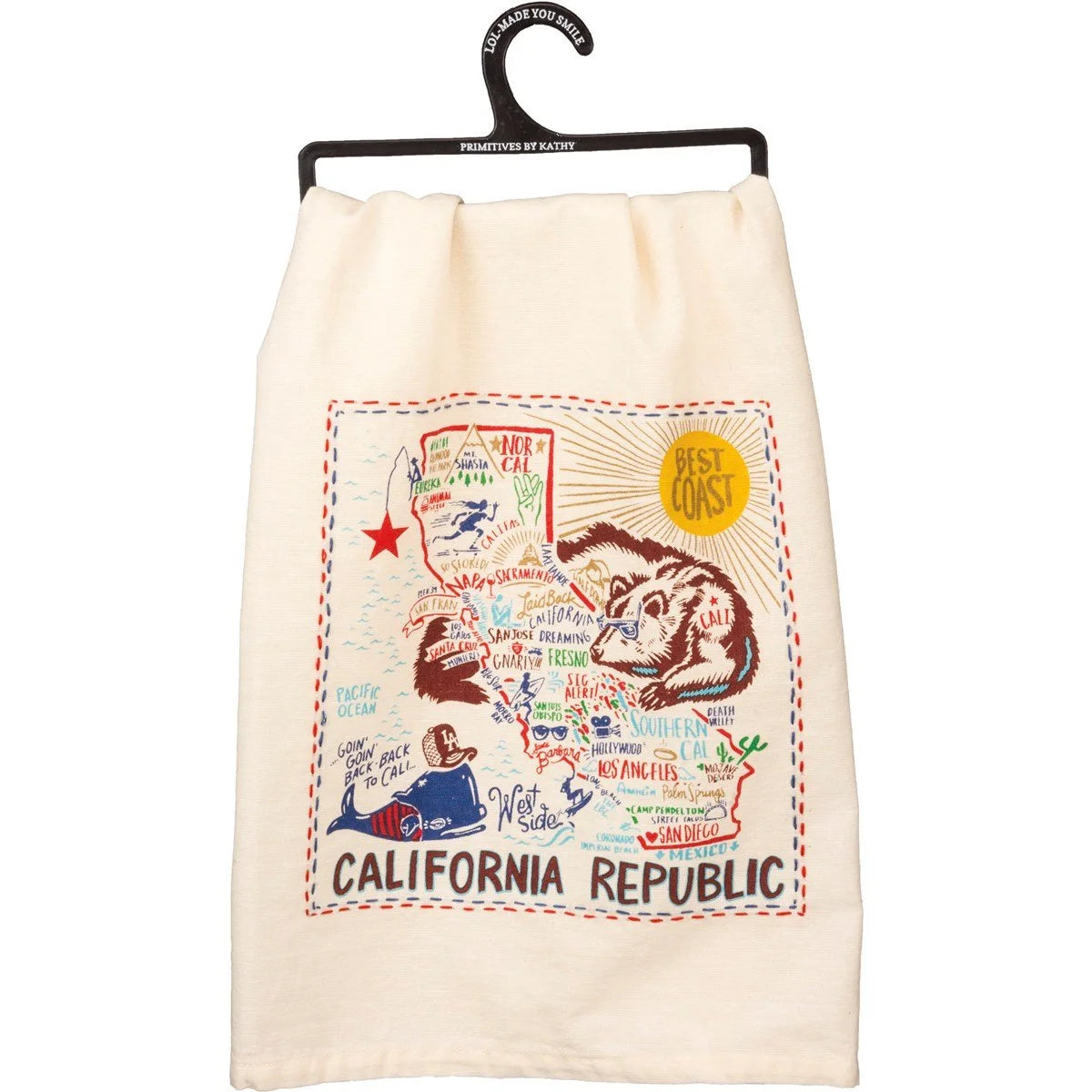 White California Dish Towel featuring a detailed map of California design