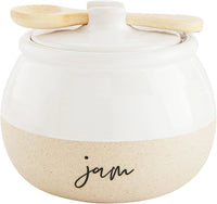 White and beige stoneware jam jar with lid, featuring ’jam’ label for stylish storage