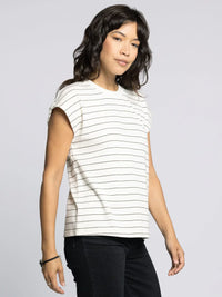 White and black striped short-sleeved supply bella tee displayed for the THREAD AND SUPPLY BELLA TEE