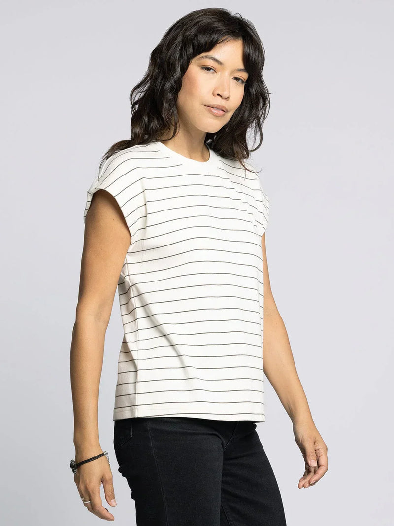 White and black striped short-sleeved supply bella tee displayed for the THREAD AND SUPPLY BELLA TEE