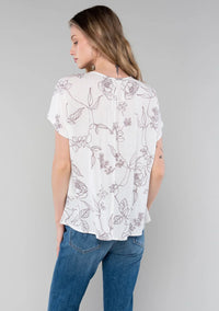 White floral short dolman blouse with short dolman sleeve and button front details