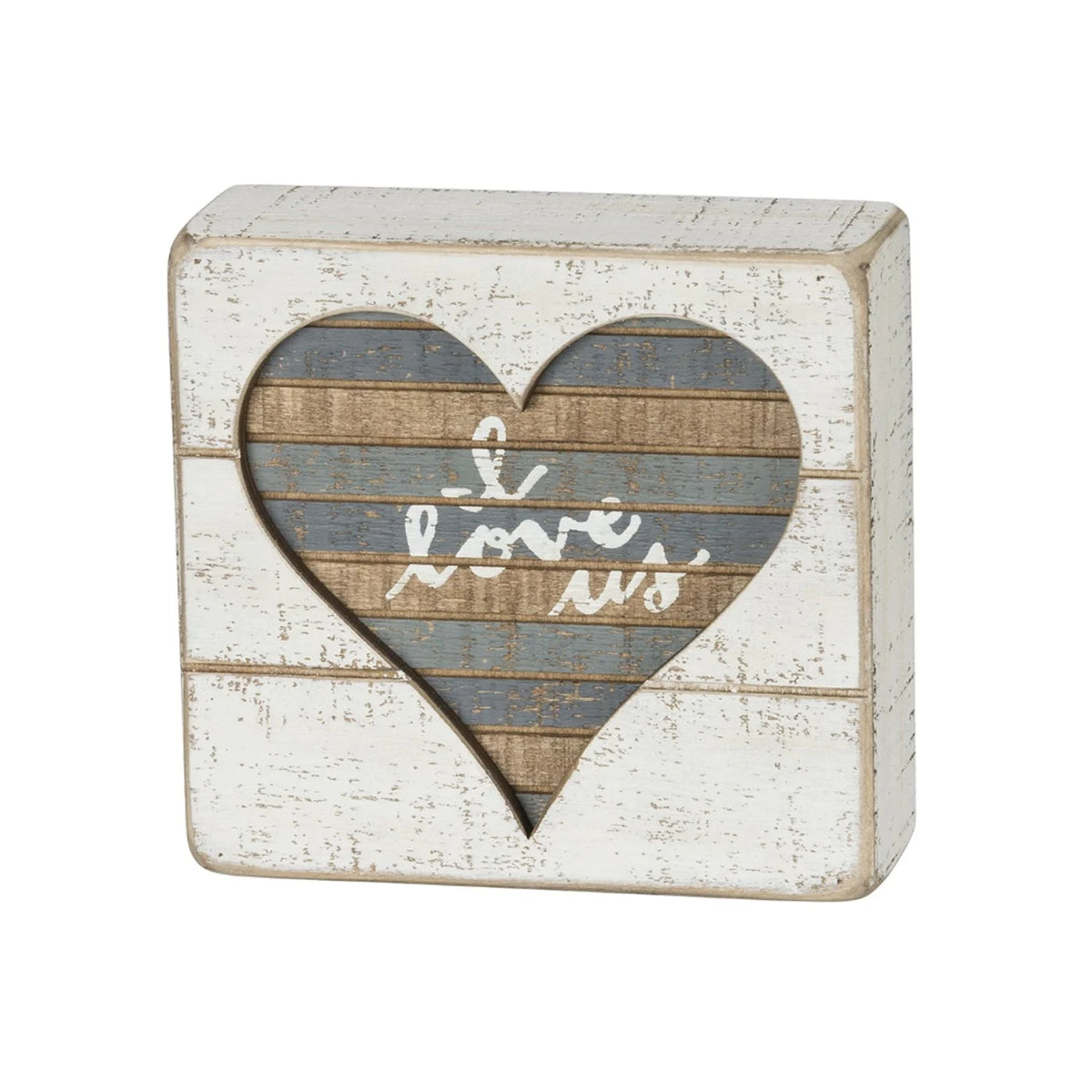 White and blue heart-shaped wooden box sign with love, perfect for a boho decor