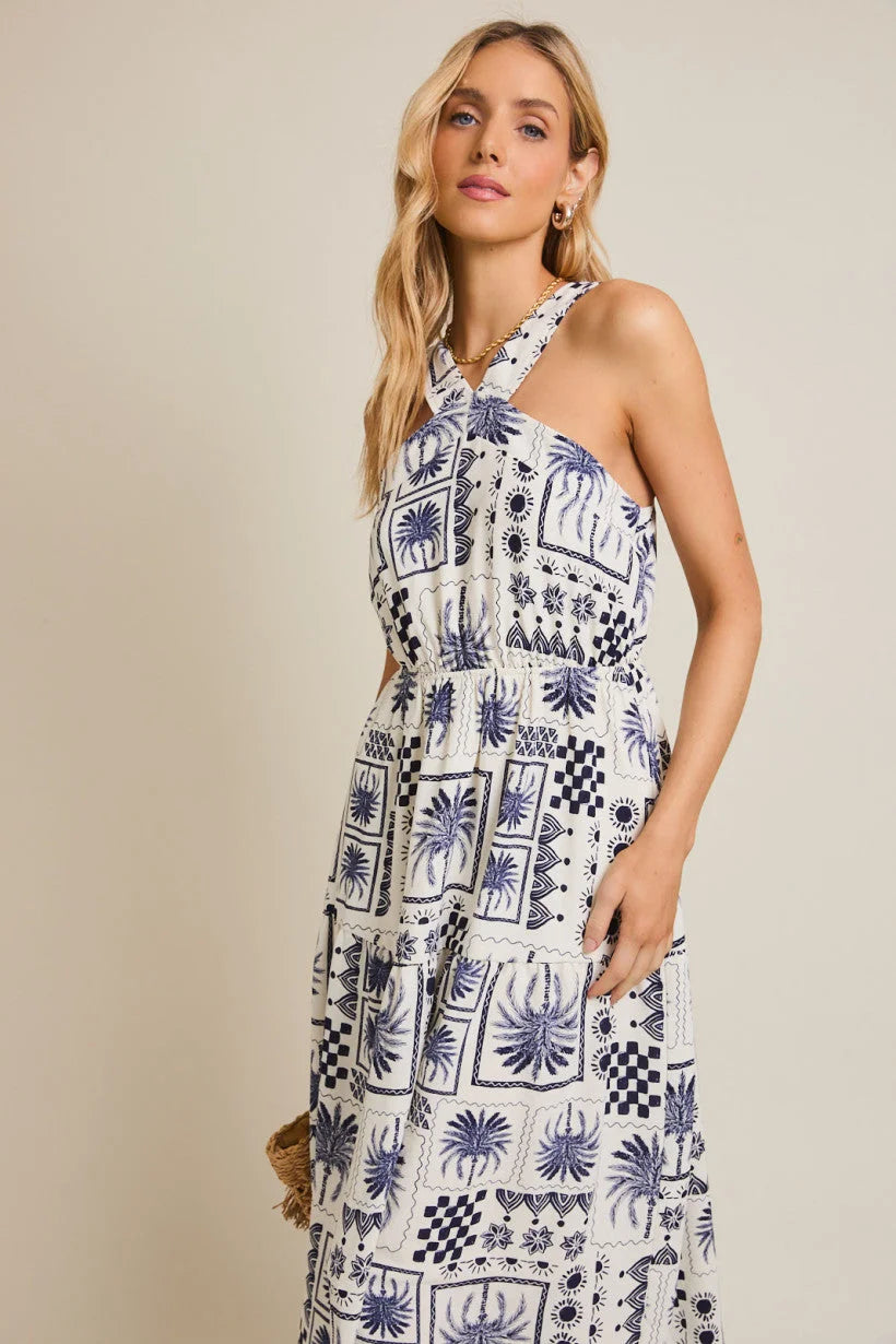 White and blue halter neck abstract print dress displayed in HALTER NECK ABSTRACT PRINT DRESS