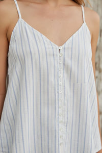 White and blue striped button front tank top with thin straps, perfect for boho chic clothing from Daisy Lane