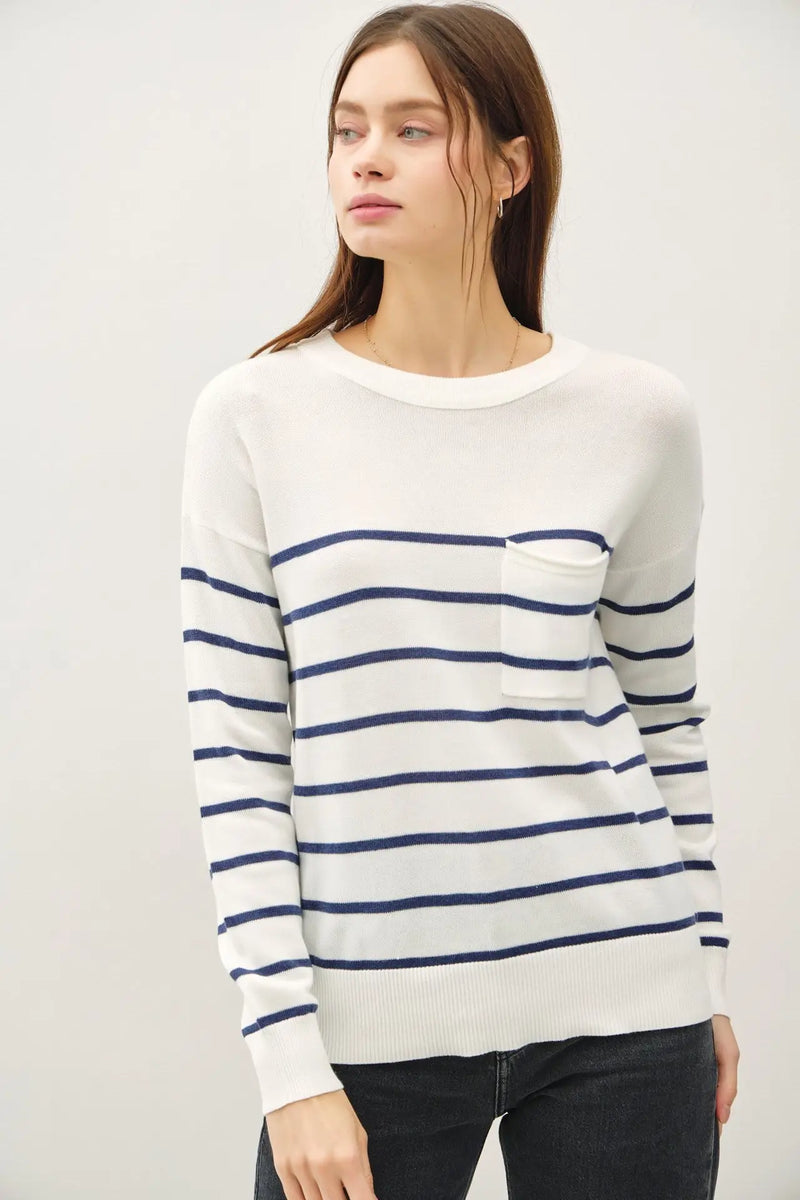 White and blue striped lightweight sweater, perfect for casual wear and layering