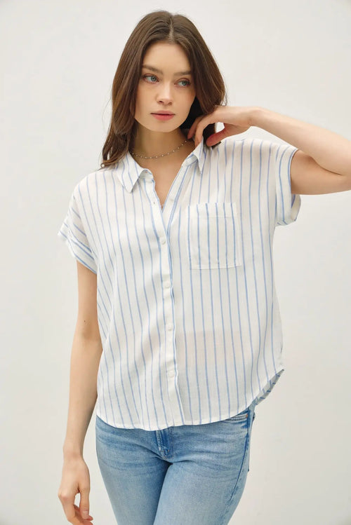White and blue striped short sleeve striped shirt displayed in Short Sleeve Striped Shirt product