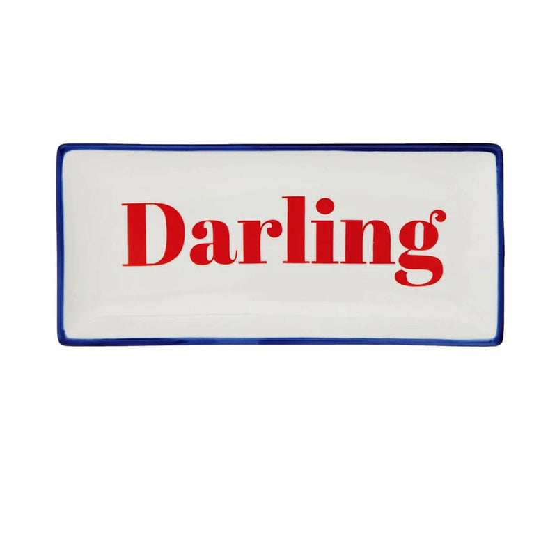 White and blue tray featuring the word daring, part of Darling Stoneware Red collection