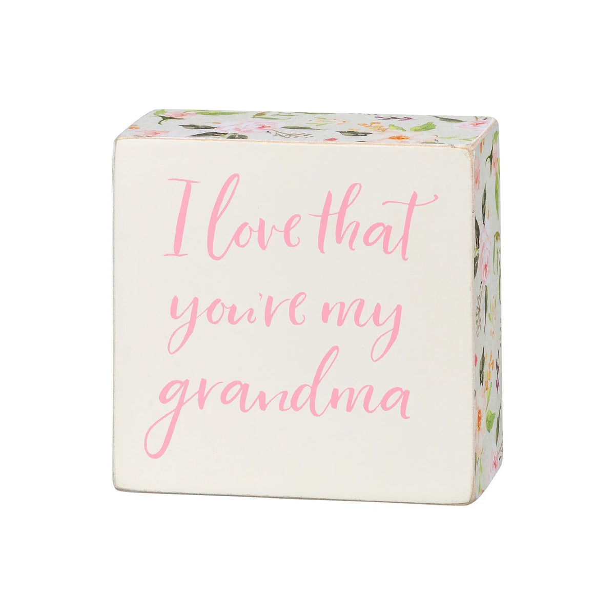 White box with pink lettering stating I love you grandma, part of the Grandma Floral Box