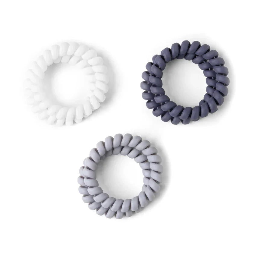 Crush Spiraling Coil hair ties in white, black, gray braided silicone with woven texture