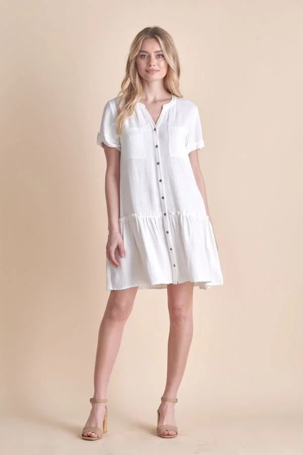 White button-down linen dress with roll tab sleeves and long sleeves linen shirt style